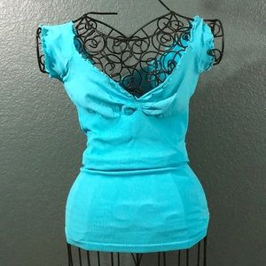 Marciano Fitted Ruffle V Cut Short Sleeve Shirt